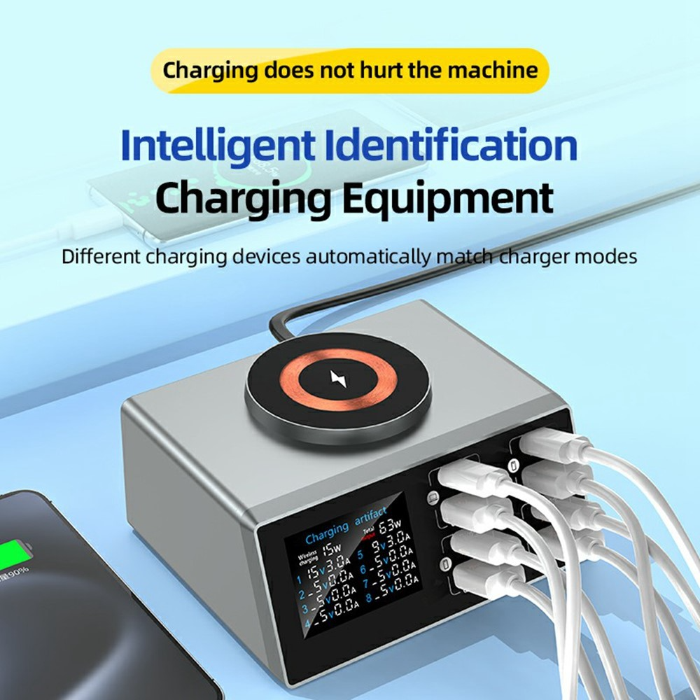 OEM WLX-X9S QI -latausasema, 140W, 3A, 4 x USB-A - 4 x USB-C, hopea