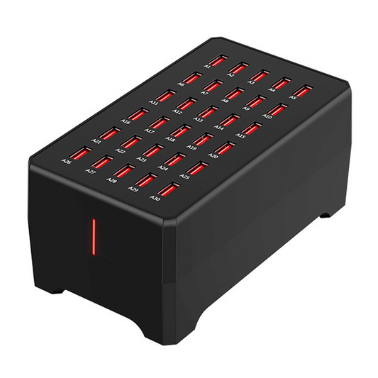 OEM WT-268 latausasema, 150W, 2.4A, 30 x USB-A, Musta