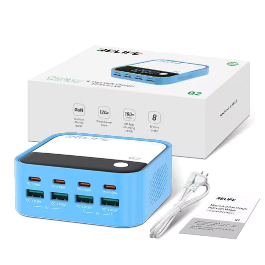 Relife Q2 -latausasema, 120W, 5A, 4 x USB-A - 4 x USB-C, Sininen