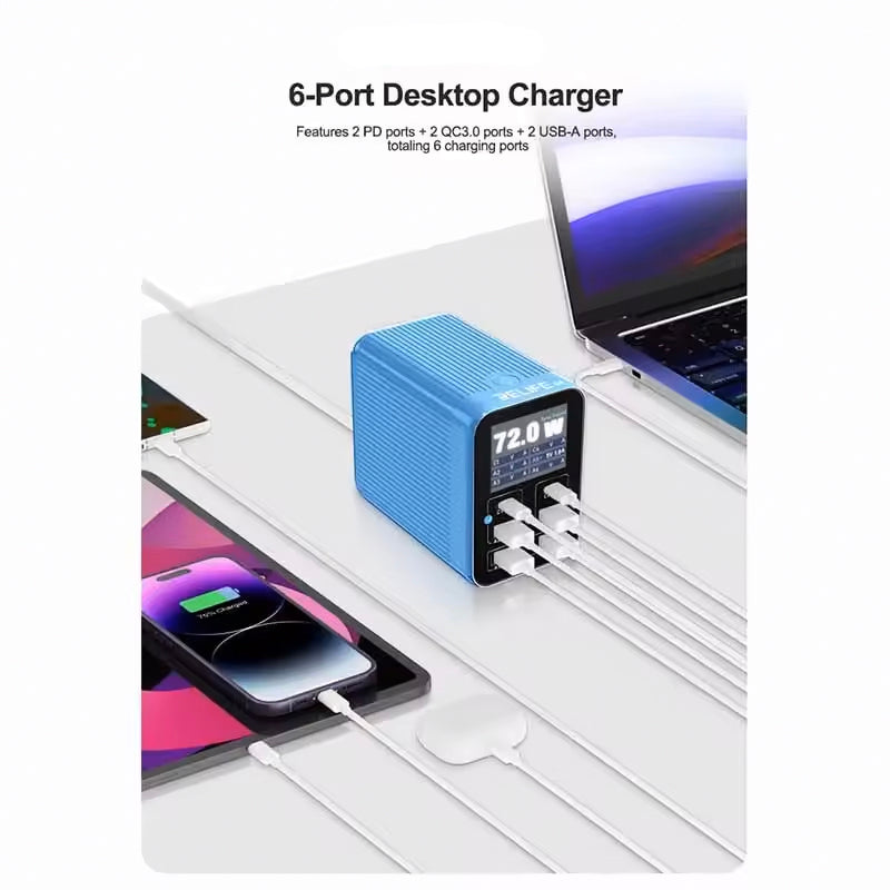 Relife Q4 -latausasema, 72W, 5A, 2 x USB-C - 4 x USB-A, Harmaa