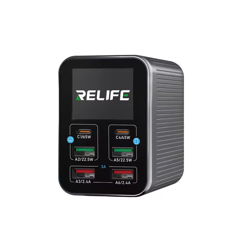 Relife Q4 -latausasema, 72W, 5A, 2 x USB-C - 4 x USB-A, Harmaa