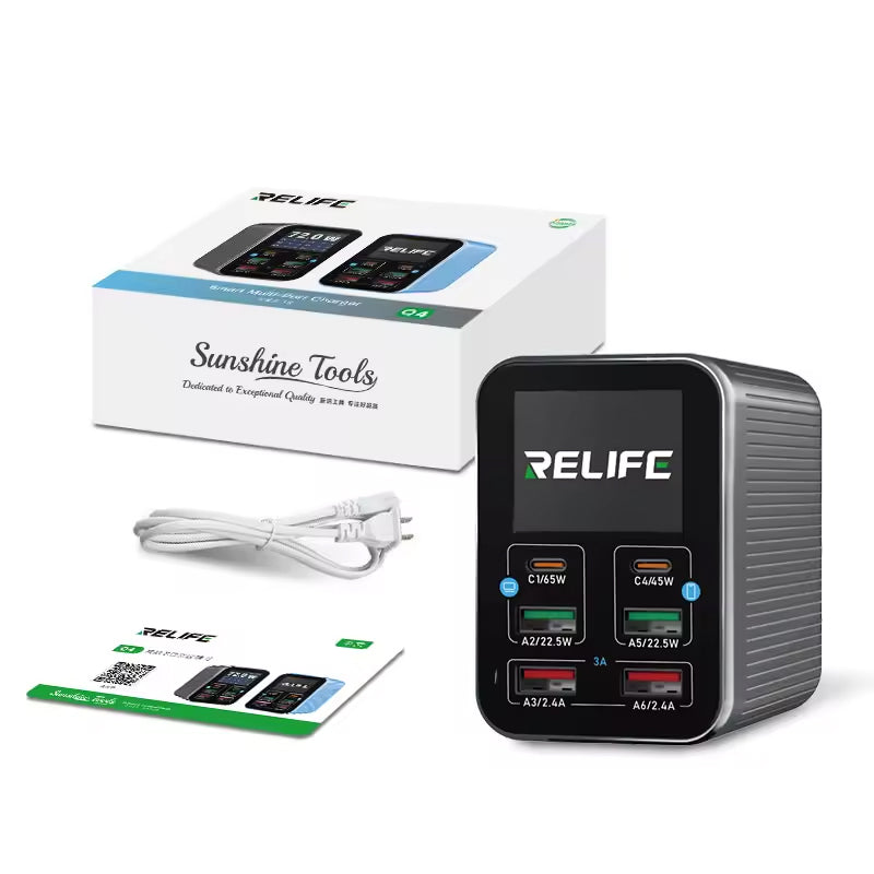 Relife Q4 -latausasema, 72W, 5A, 2 x USB-C - 4 x USB-A, Harmaa