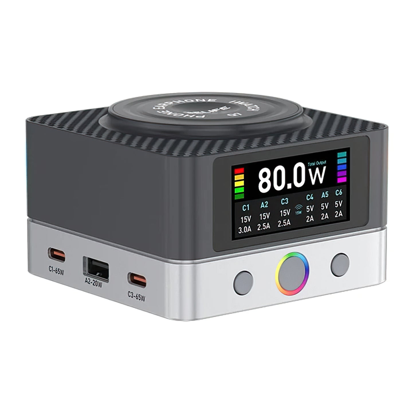 Relife Q7 QI -latausasema, 80W, 3.25A, 2 x USB-A - 4 x USB-C, Harmaa
