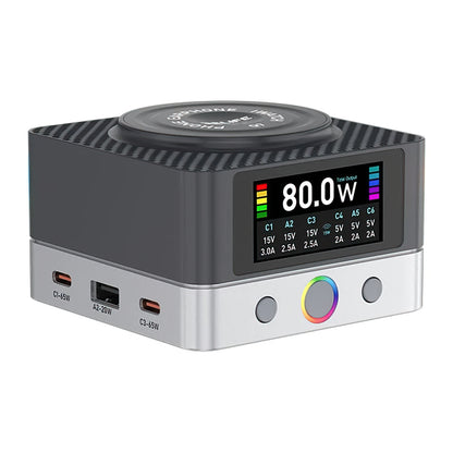 Relife Q7 QI -latausasema, 80W, 3.25A, 2 x USB-A - 4 x USB-C, Harmaa
