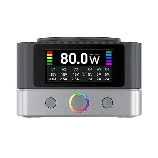 Relife Q7 QI -latausasema, 80W, 3.25A, 2 x USB-A - 4 x USB-C, Harmaa