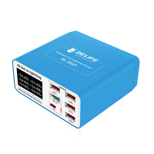 Relife RL-304P latausasema, 40W, 3A, 1 x USB-C - 5 x USB-A, Sininen