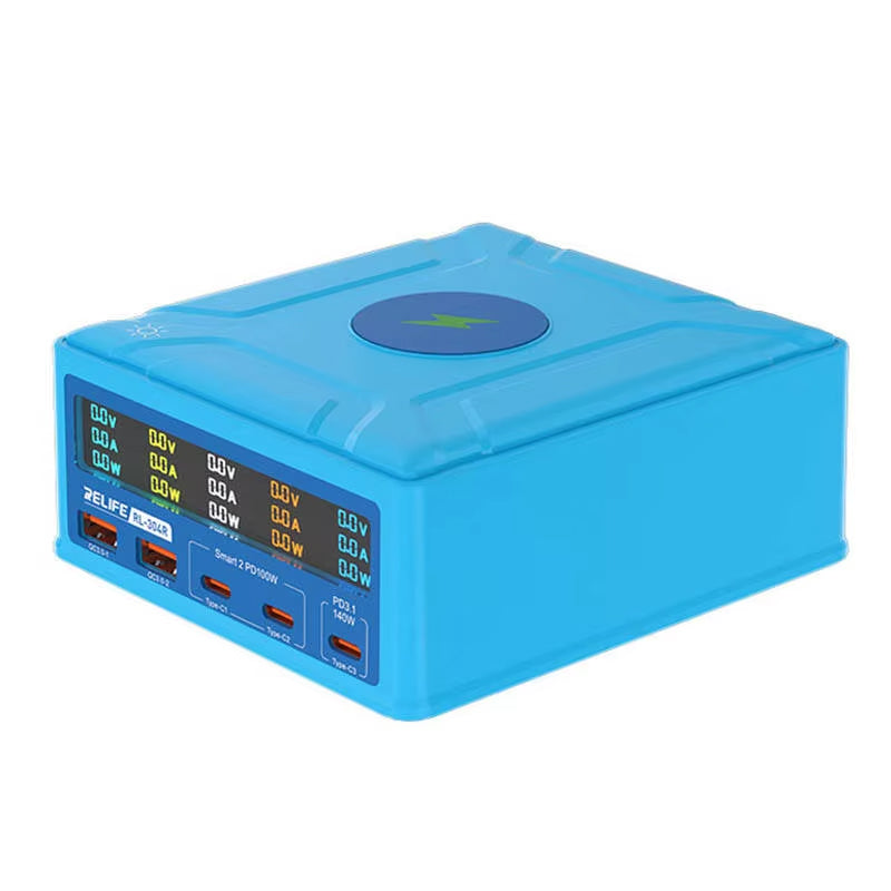 Relife RL-304R QI -latausasema, 260W, 3A, 2 x USB-A - 3 x USB-C, Sininen
