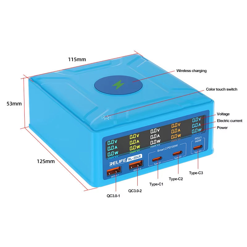Relife RL-304R QI -latausasema, 260W, 3A, 2 x USB-A - 3 x USB-C, Sininen