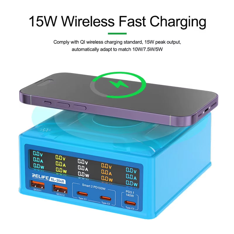 Relife RL-304R QI -latausasema, 260W, 3A, 2 x USB-A - 3 x USB-C, Sininen