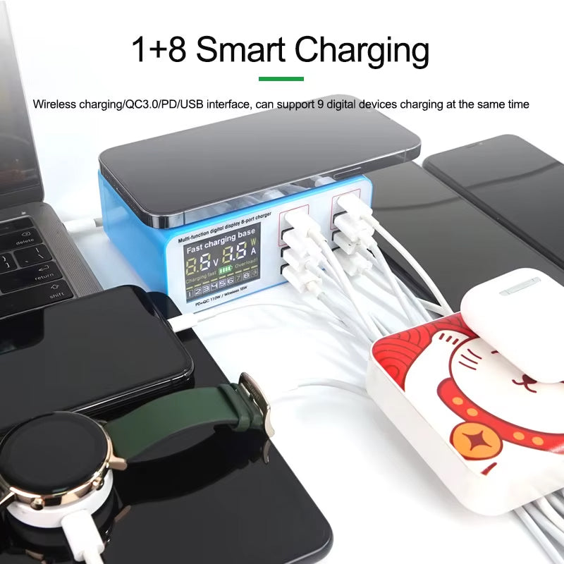 Relife RL-304S QI -latausasema, 110W, 3A, 2 x USB-C - 6 x USB-A, Sininen