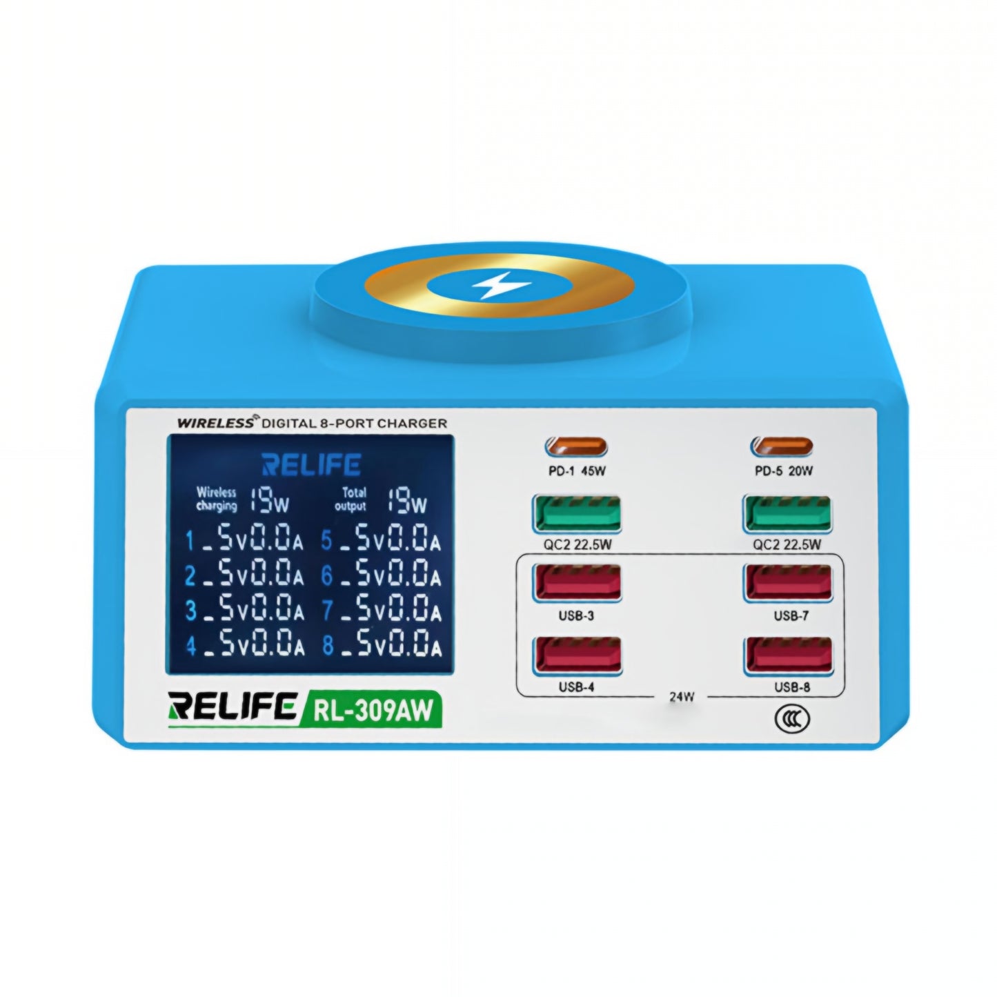 Latausasema Relife RL-309AW, 100W, 5A, 2 x USB-C - 6 x USB-A, Sininen