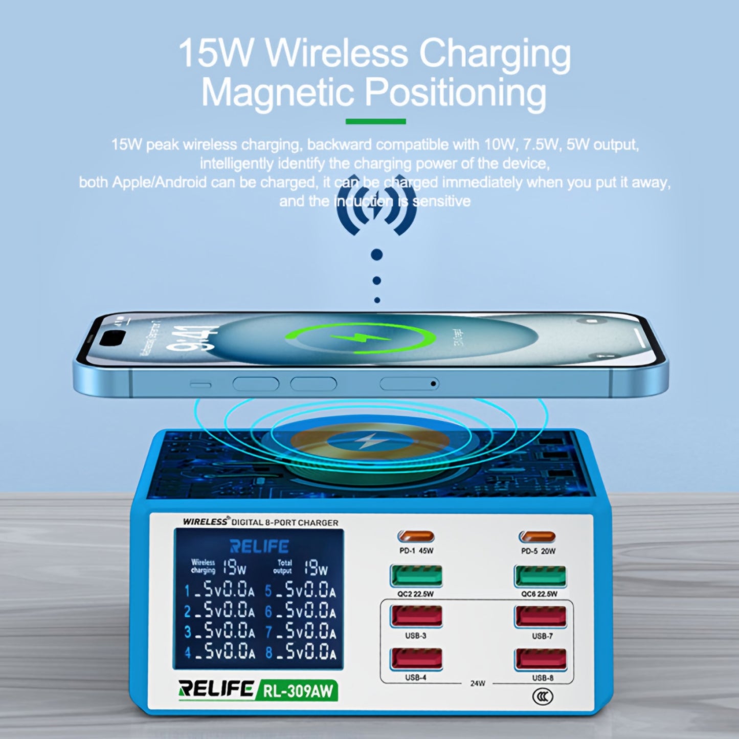Latausasema Relife RL-309AW, 100W, 5A, 2 x USB-C - 6 x USB-A, Sininen