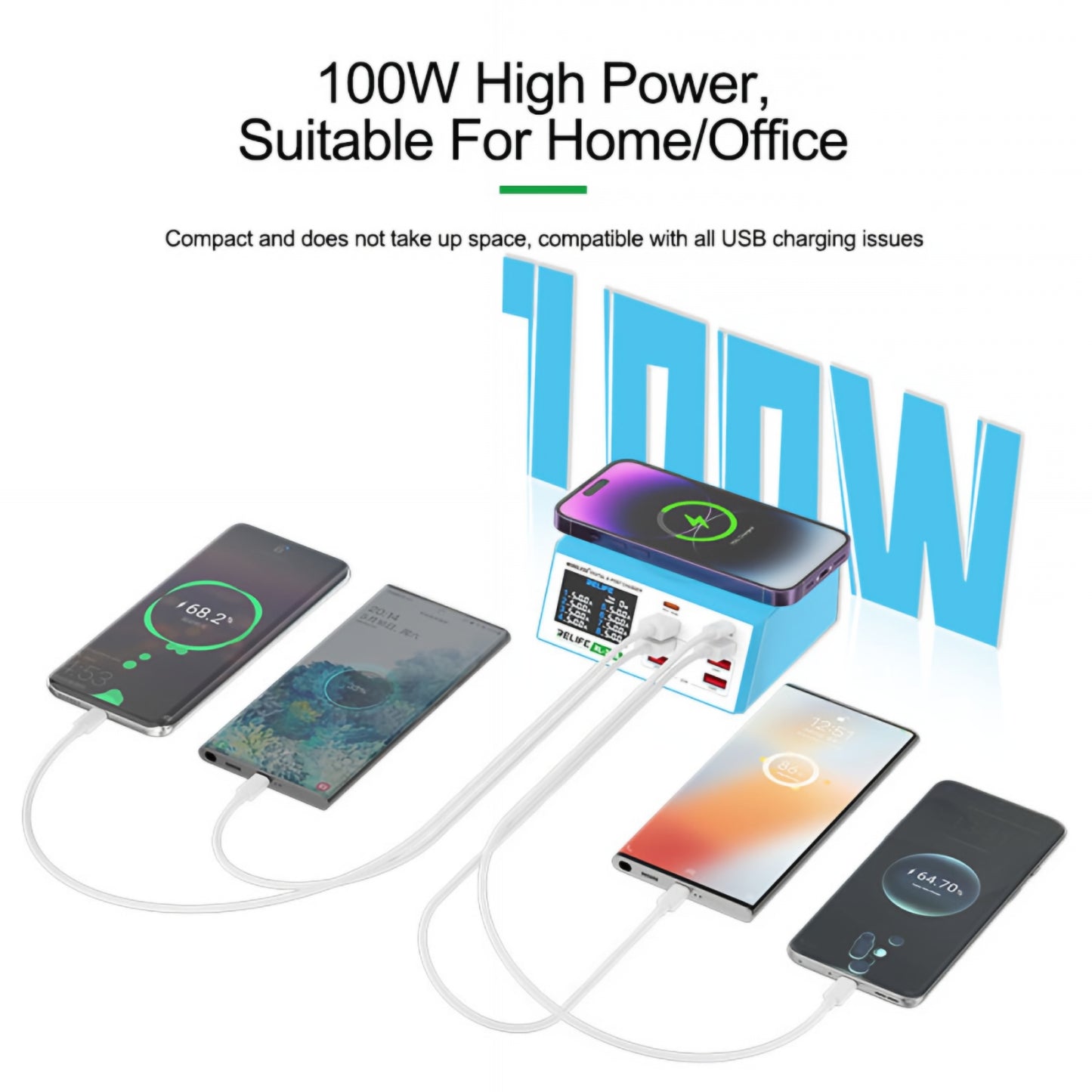 Latausasema Relife RL-309AW, 100W, 5A, 2 x USB-C - 6 x USB-A, Sininen