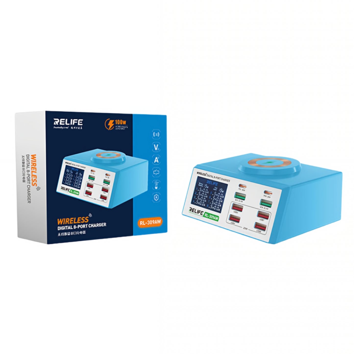 Latausasema Relife RL-309AW, 100W, 5A, 2 x USB-C - 6 x USB-A, Sininen