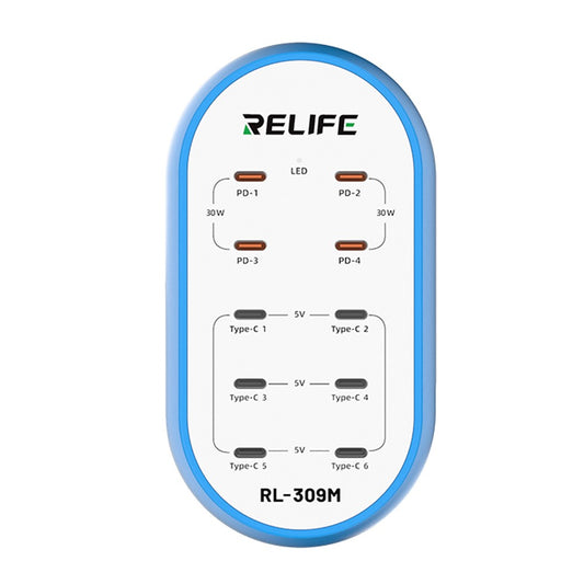 Relife RL-309M -latausasema, 72W, 10 x USB-C, Sininen