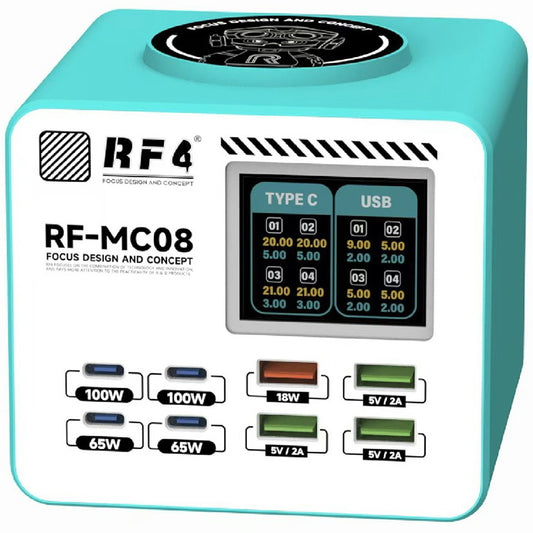 RF4 RF-MC08 -latausasema, 150W, 5A, 4 x USB-A - 4 x USB-C, turkoosi