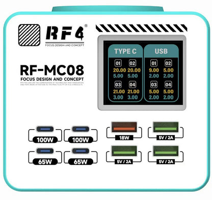 RF4 RF-MC08 -latausasema, 150W, 5A, 4 x USB-A - 4 x USB-C, turkoosi