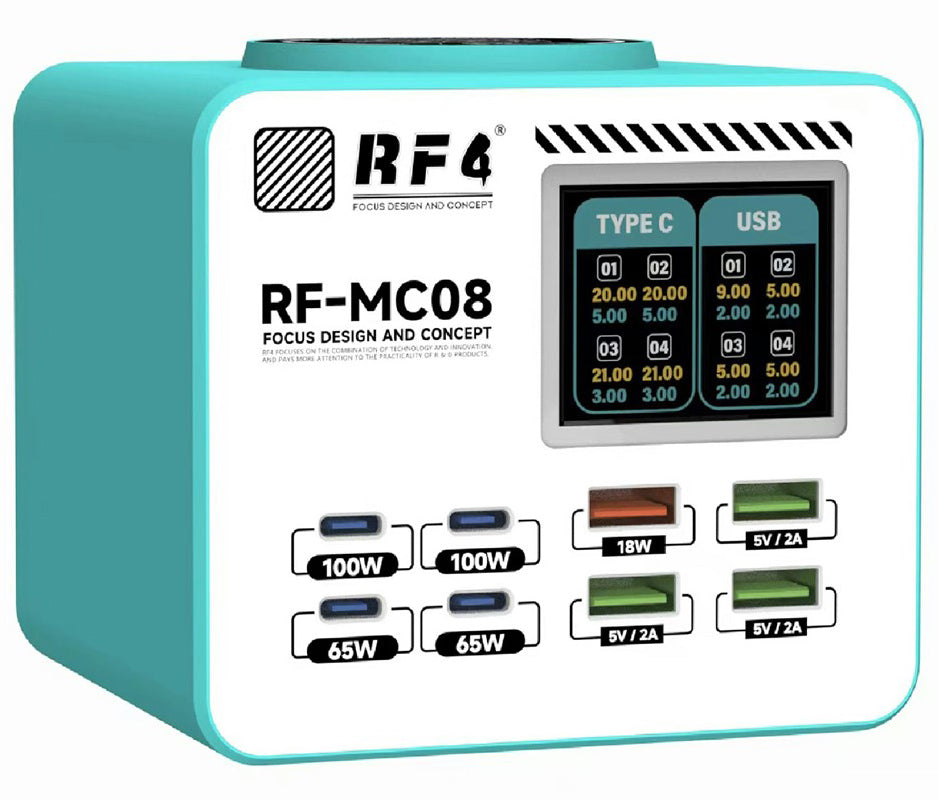 RF4 RF-MC08 -latausasema, 150W, 5A, 4 x USB-A - 4 x USB-C, turkoosi