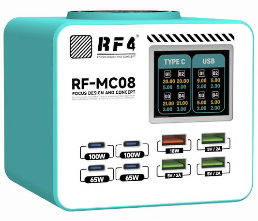 RF4 RF-MC08 -latausasema, 150W, 5A, 4 x USB-A - 4 x USB-C, turkoosi