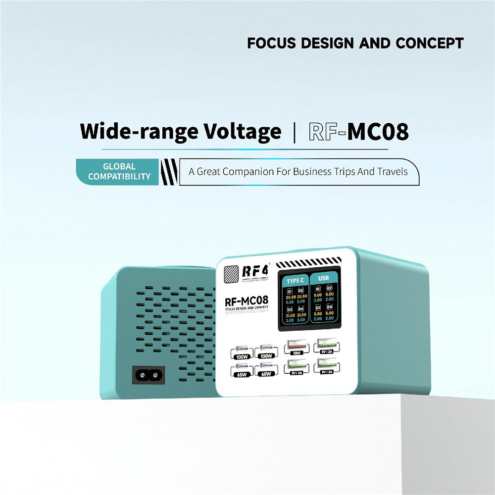 RF4 RF-MC08 -latausasema, 150W, 5A, 4 x USB-A - 4 x USB-C, turkoosi