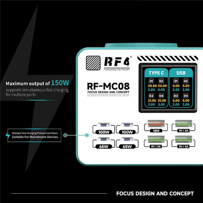RF4 RF-MC08 -latausasema, 150W, 5A, 4 x USB-A - 4 x USB-C, turkoosi