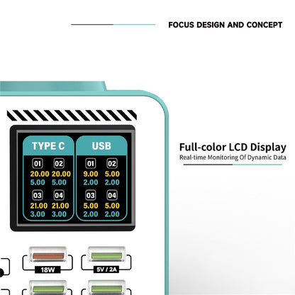 RF4 RF-MC08 -latausasema, 150W, 5A, 4 x USB-A - 4 x USB-C, turkoosi