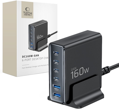 Tech-Protect DC160W-GAN -latausasema, 160W, 5A, 2 x USB-A - 4 x USB-C, Musta