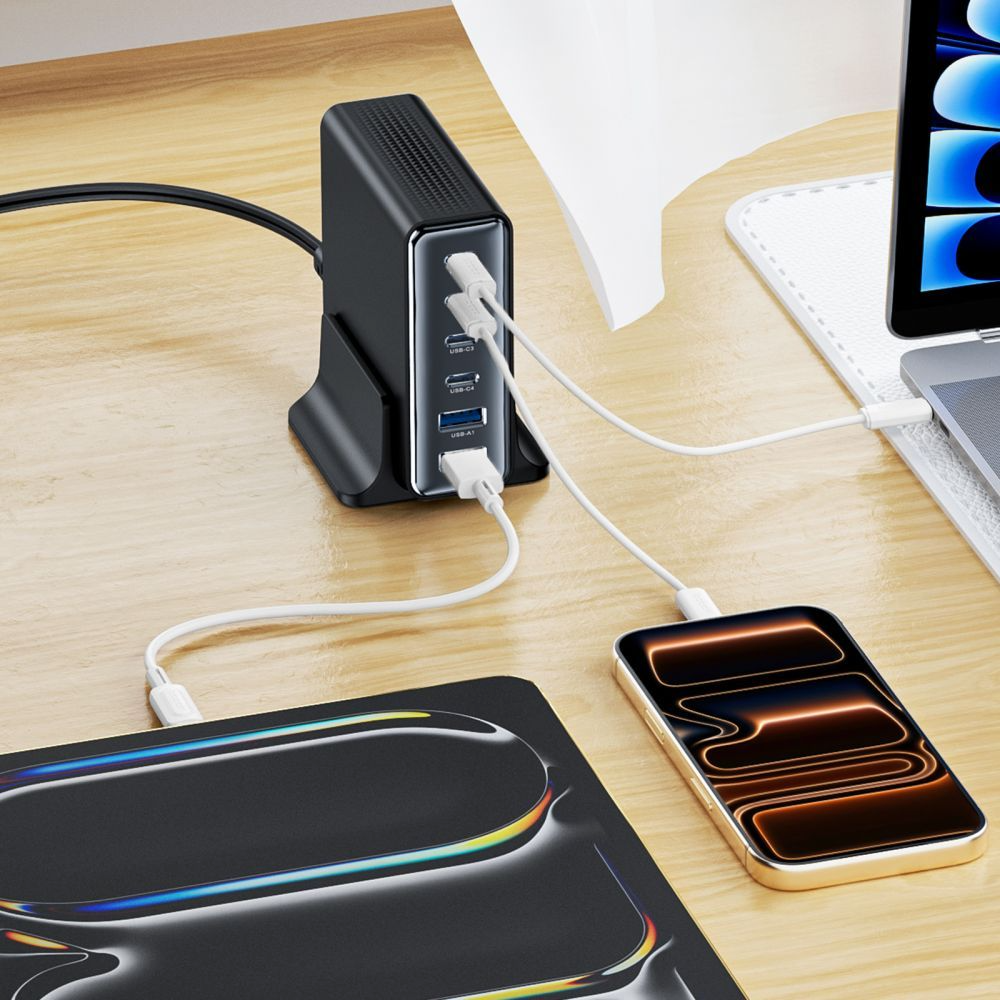 Tech-Protect DC160W-GAN -latausasema, 160W, 5A, 2 x USB-A - 4 x USB-C, Musta