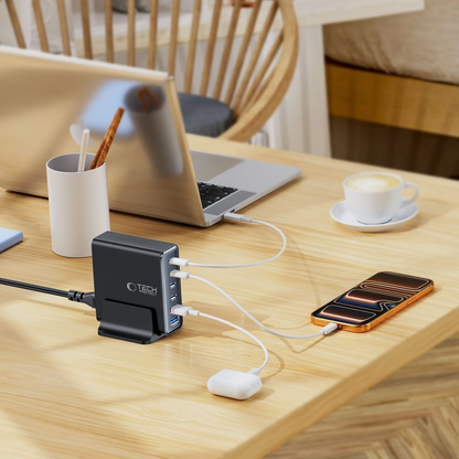 Tech-Protect DC160W-GAN -latausasema, 160W, 5A, 2 x USB-A - 4 x USB-C, Musta