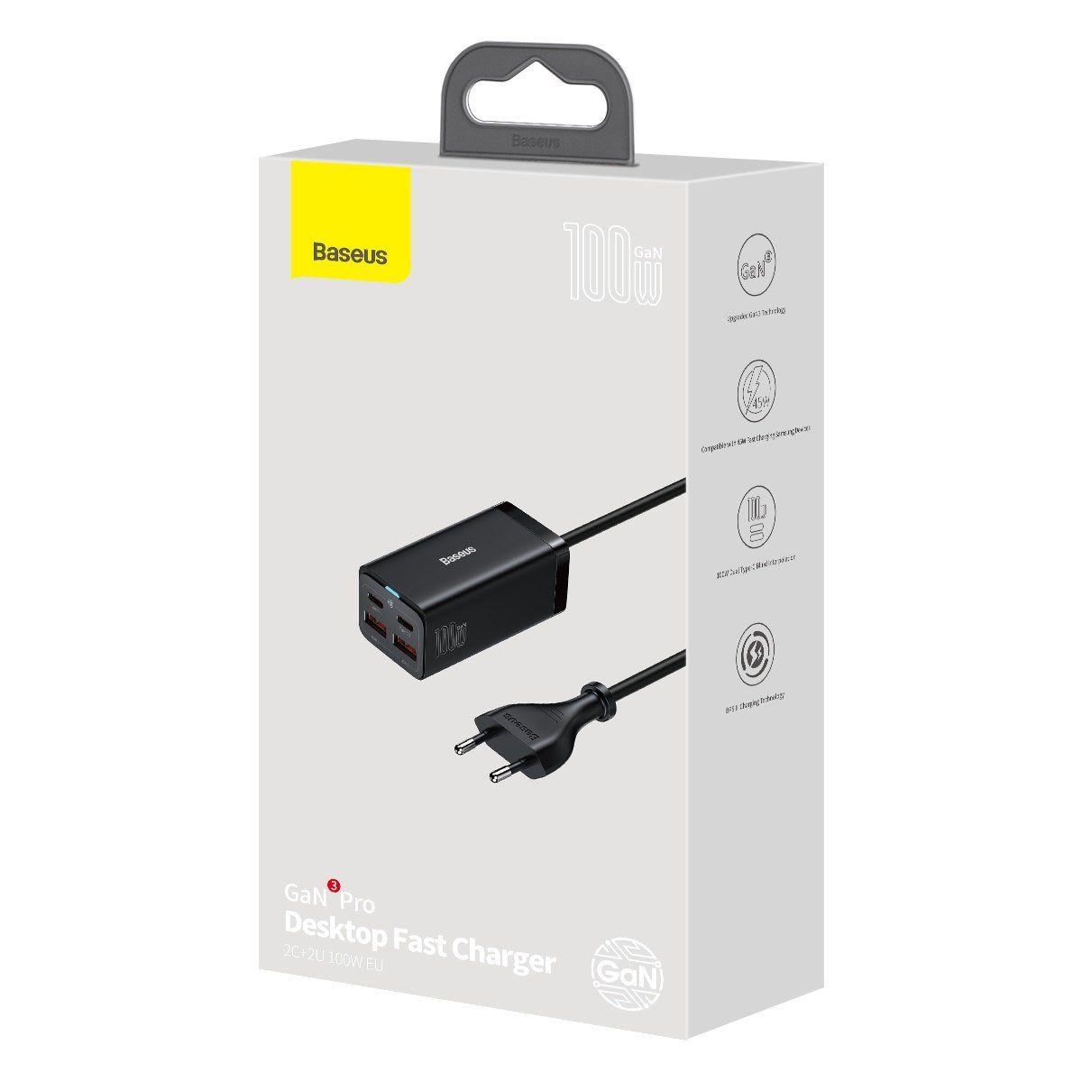 USB-C Baseus GaN3 Pro -latausasema, 100W, 5A, 2 x USB-A - 2 x USB-C, Musta, Uudelleenpakattu CCGP000101