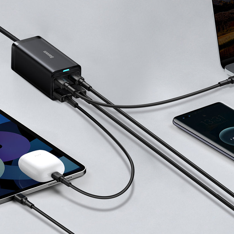 USB-C Baseus GaN3 Pro -latausasema, 100W, 5A, 2 x USB-A - 2 x USB-C, Musta, Uudelleenpakattu CCGP000101