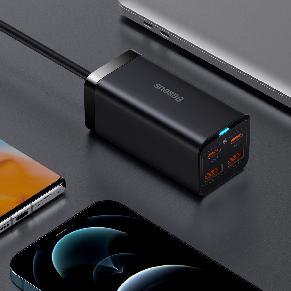 USB-C Baseus GaN3 Pro -latausasema, 100W, 5A, 2 x USB-A - 2 x USB-C, Musta, Uudelleenpakattu CCGP000101