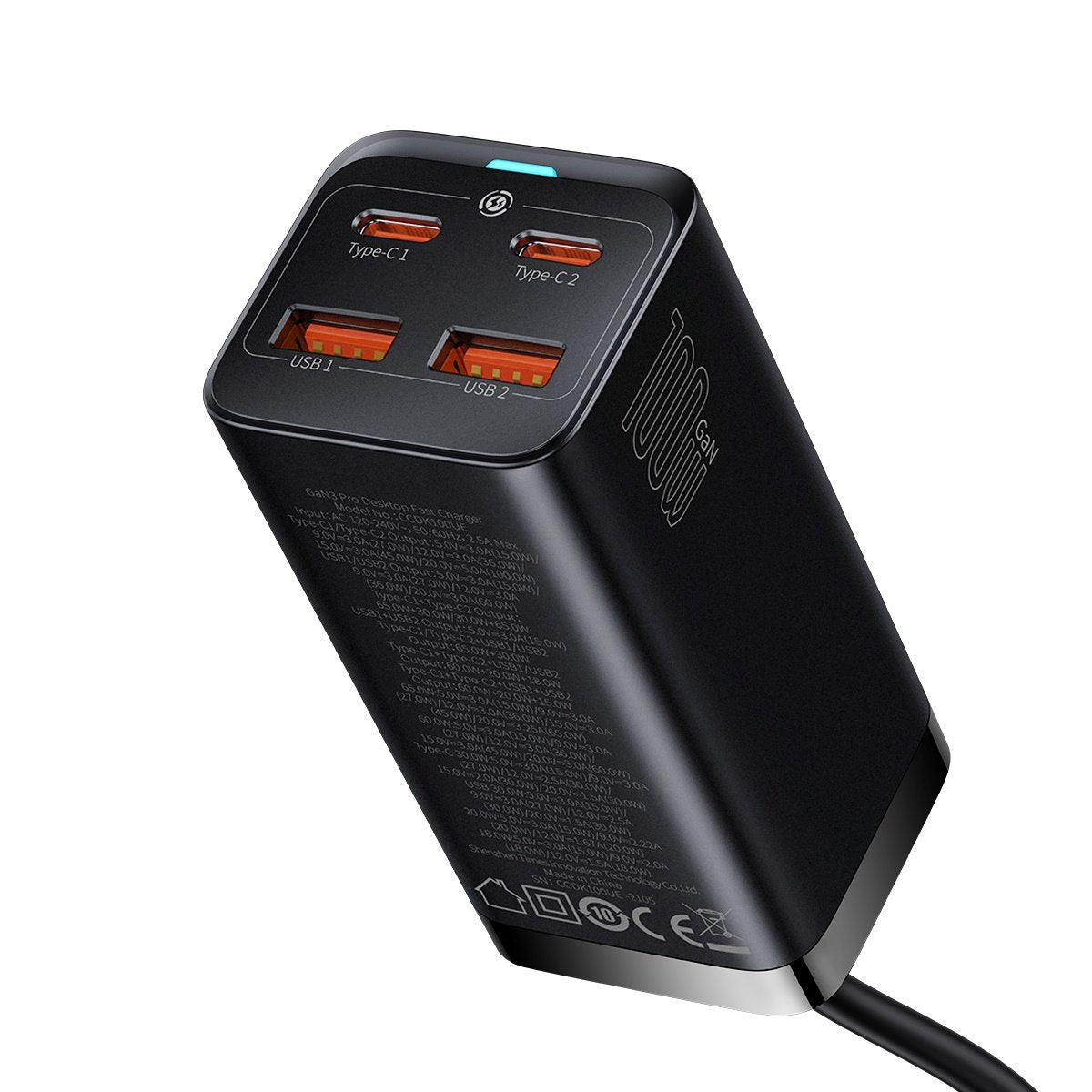 USB-C Baseus GaN3 Pro -latausasema, 100W, 5A, 2 x USB-A - 2 x USB-C, Musta, Uudelleenpakattu CCGP000101