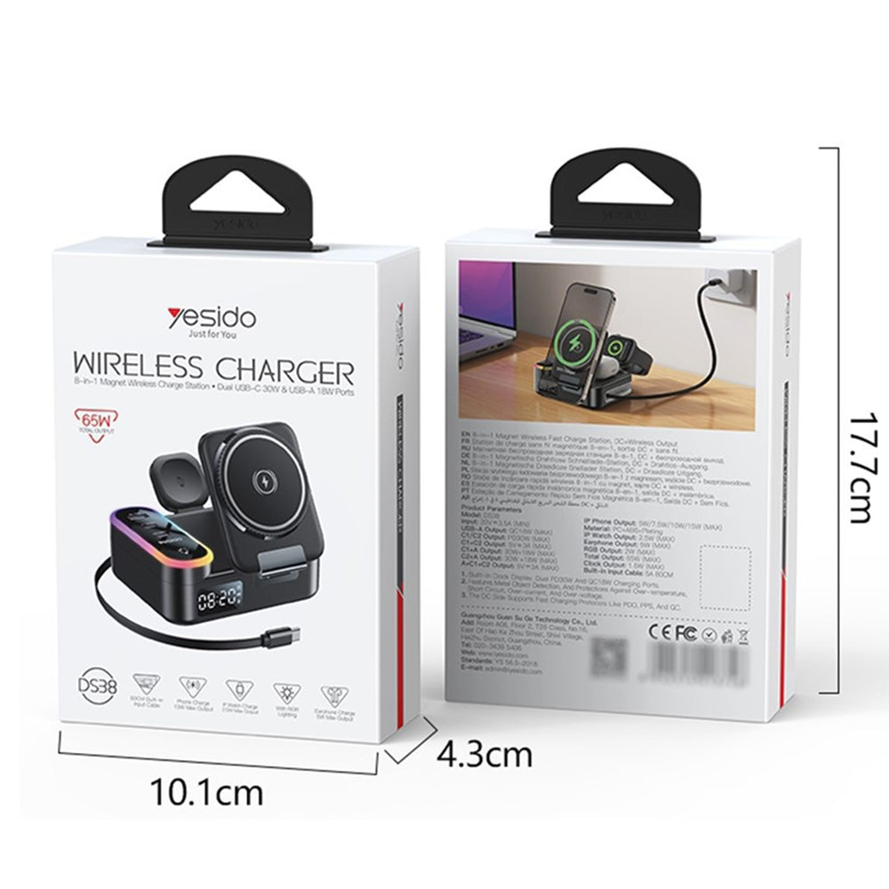 Latausasema Yesido DS38 Display QI 3in1, 65W, 3A, 1 x USB-A - 2 x USB-C, Musta