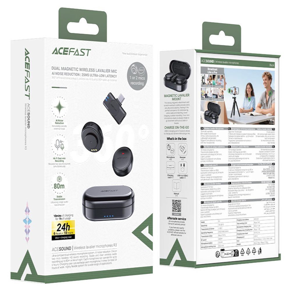 Lavalier-mikrofoni Acefast R3, USB-C, 2 kappaleen setti, Musta