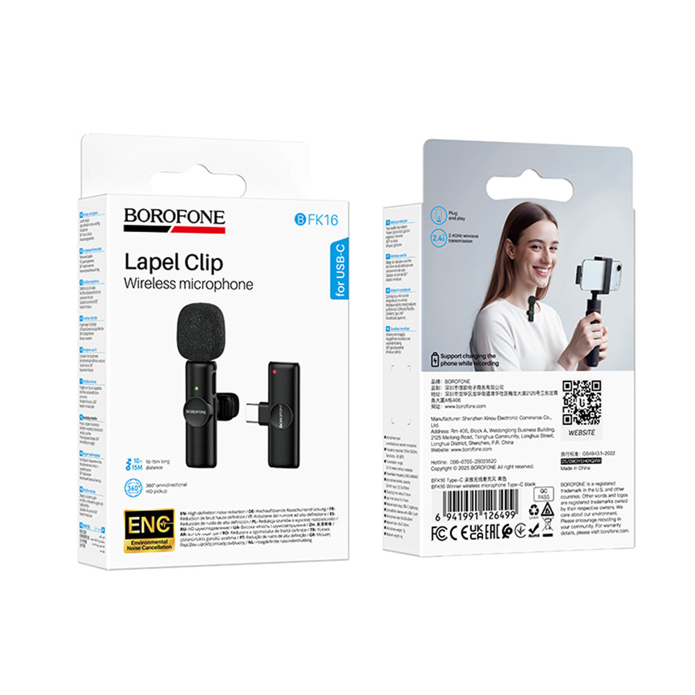 Borofone BFK16 Winner lavalierimikrofoni, USB-C, Musta