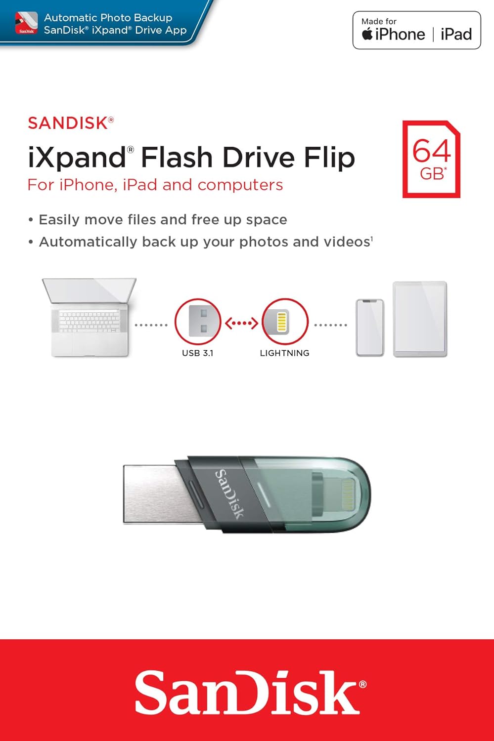 Ulkoinen muisti USB-A 3.1 / Lightning SanDisk iXpand Flip, 64Gb SDIX90N-064G-GN6NN