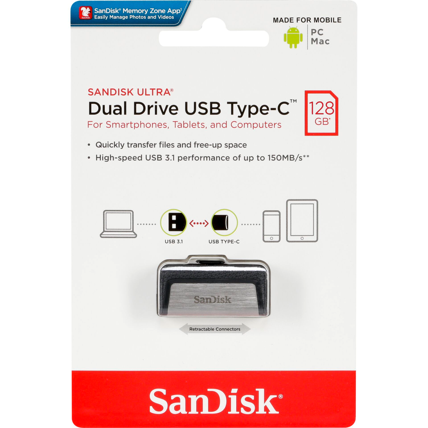 Ulkoinen muisti USB-A 3.1 / USB-C SanDisk Ultra Dual, 128Gb SDDDC2-128G-G46