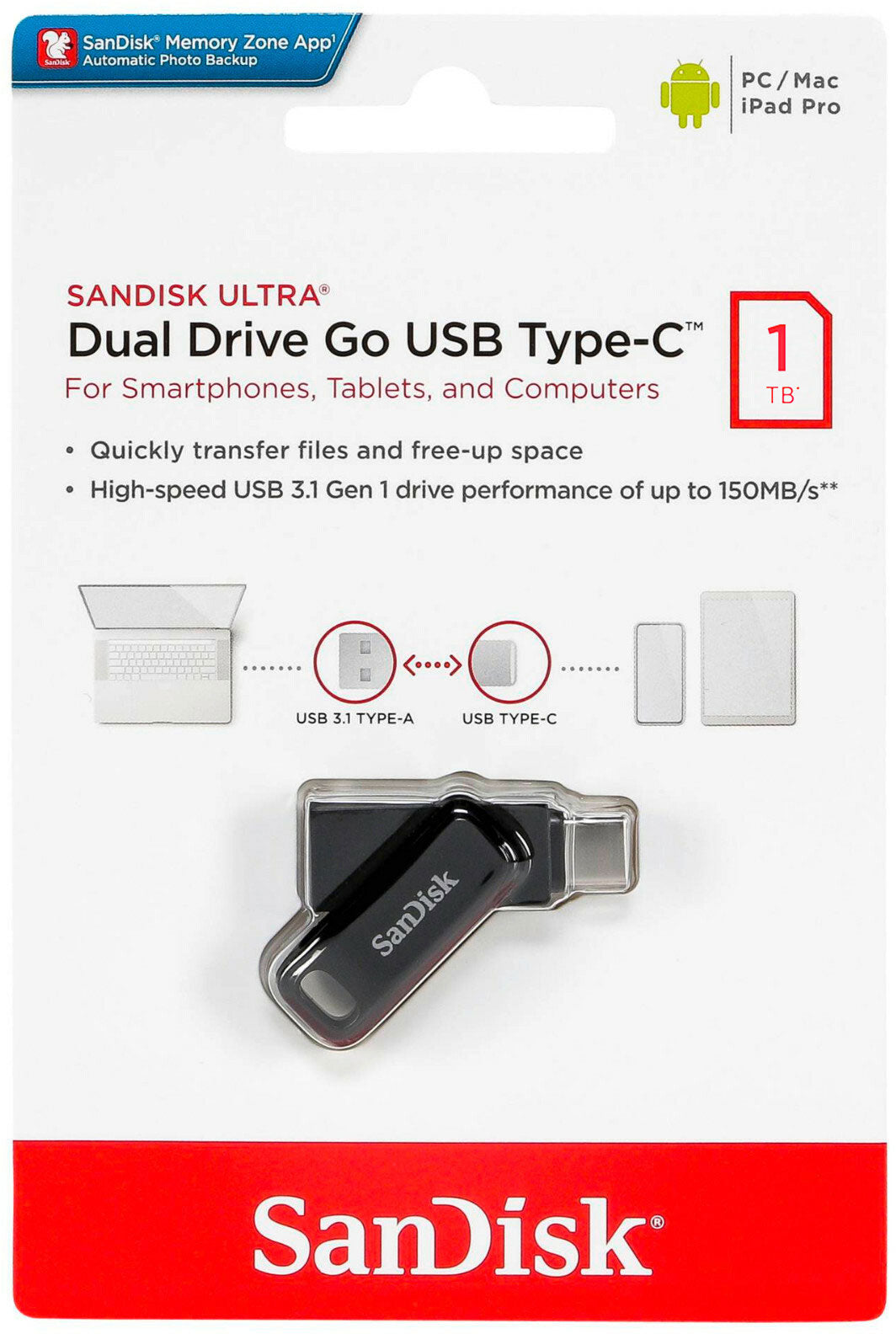 Ulkoinen muisti USB-A 3.2 / USB-C SanDisk Ultra Dual Go, 1TB SDDDC3-1T00-G46