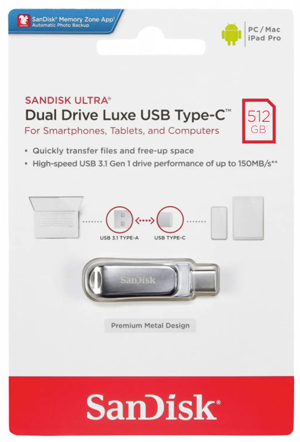 Ulkoinen muisti USB-A 3.2 / USB-C SanDisk Ultra Luxe Dual Drive, 512Gb SDDDC4-512G-G46