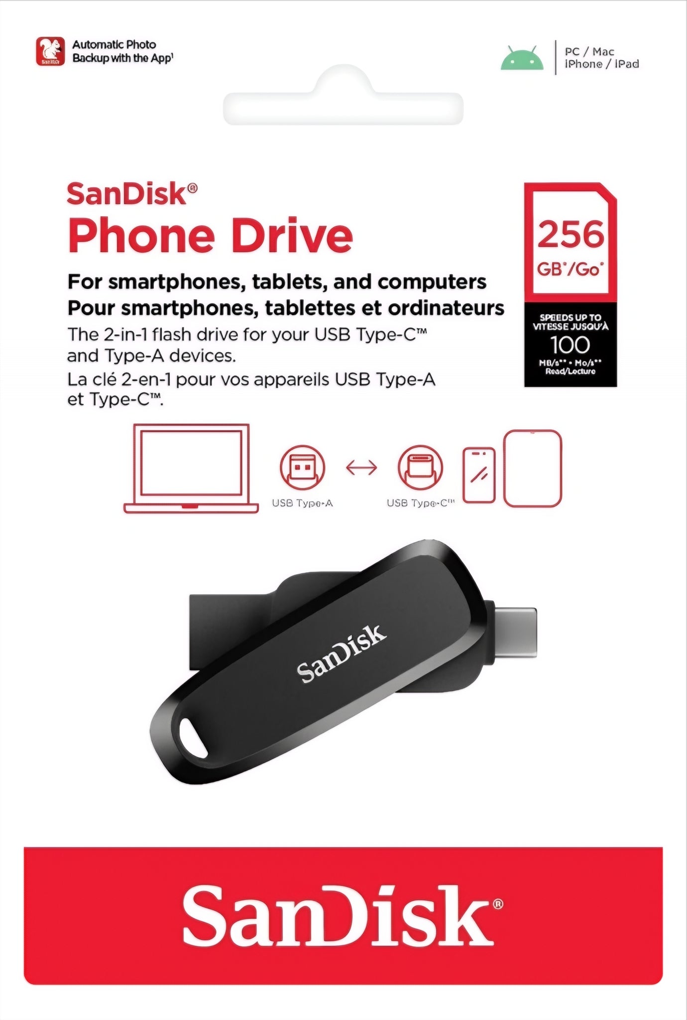 Ulkoinen muisti USB-A 3.2 / USB-C SanDisk Phone Drive, 256Gb SDDDC6-256G-G46