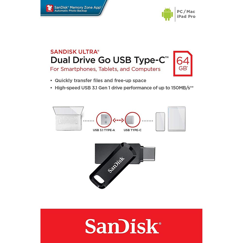 Ulkoinen muisti USB-A 3.2 / USB-C SanDisk Ultra Dual Go, 64Gb SDDDC3-064G-G46