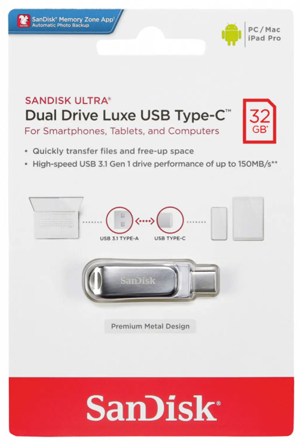 Ulkoinen muisti USB-A 3.2 / USB-C SanDisk Ultra Luxe Dual Drive, 32Gb SDDDC4-032G-G46