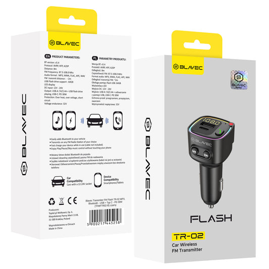 FM-modulaattori Bluetooth Blavec Flash TR-02, 1 x USB-A - 1 x USB-C