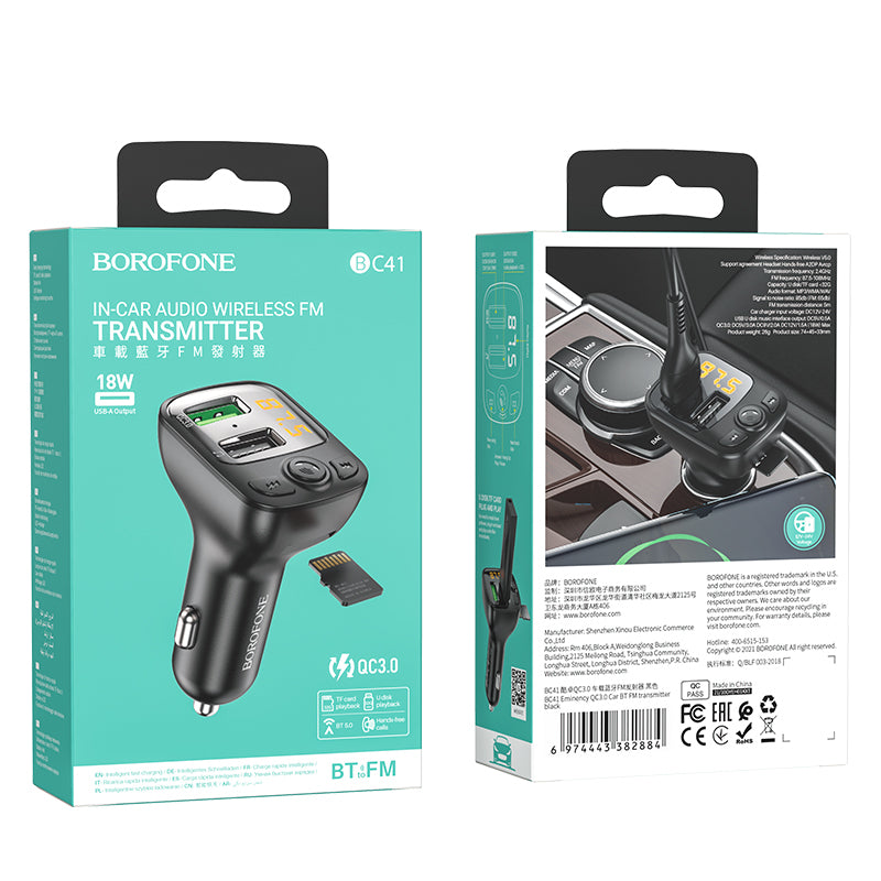 Borofone BC41 Eminency Bluetooth FM Modulator, 2 x USB-A - 1 x microSD
