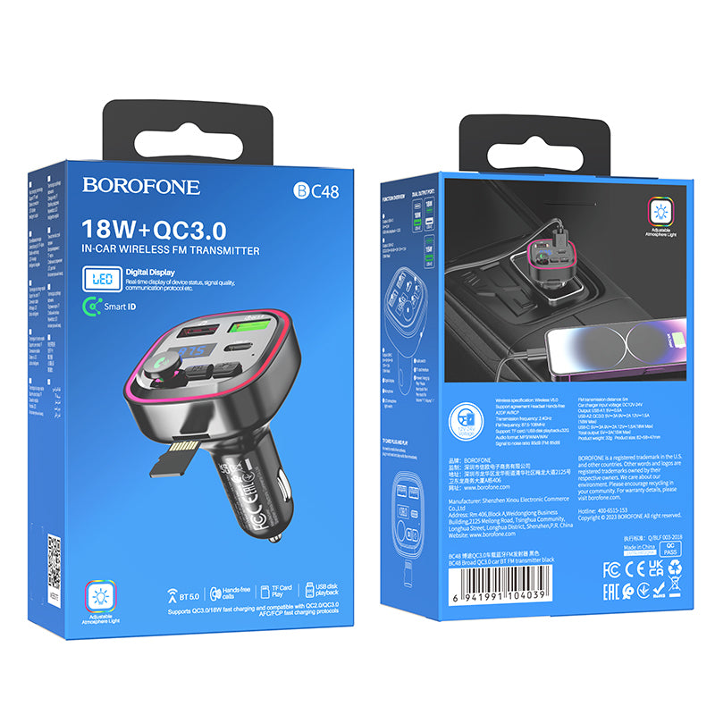 FM Bluetooth -modulaattori Borofone BC48, 2 x USB-A - 1 x USB-C