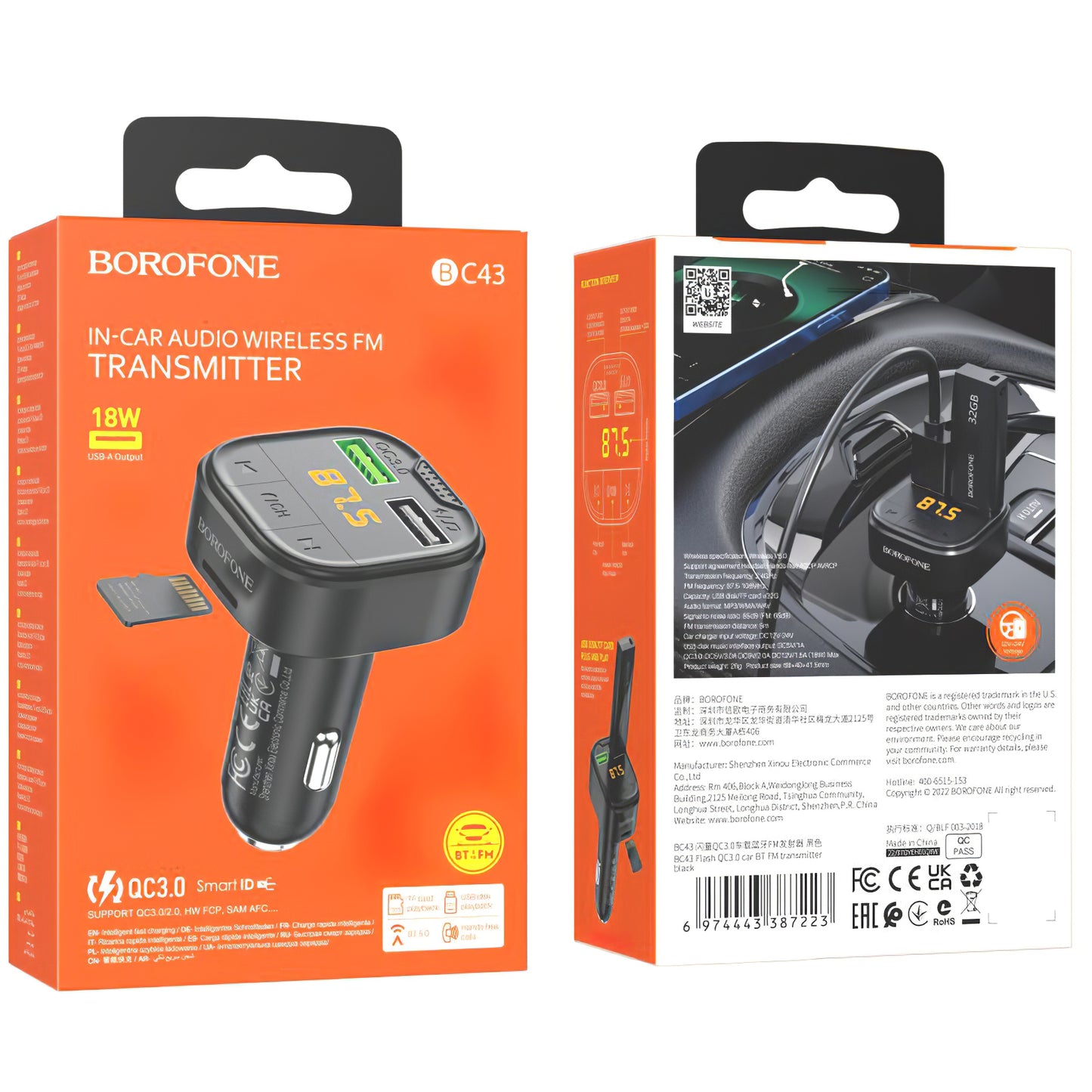 FM Bluetooth -modulaattori Borofone BC43 Flash, 2 x USB-A - 1 x microSD