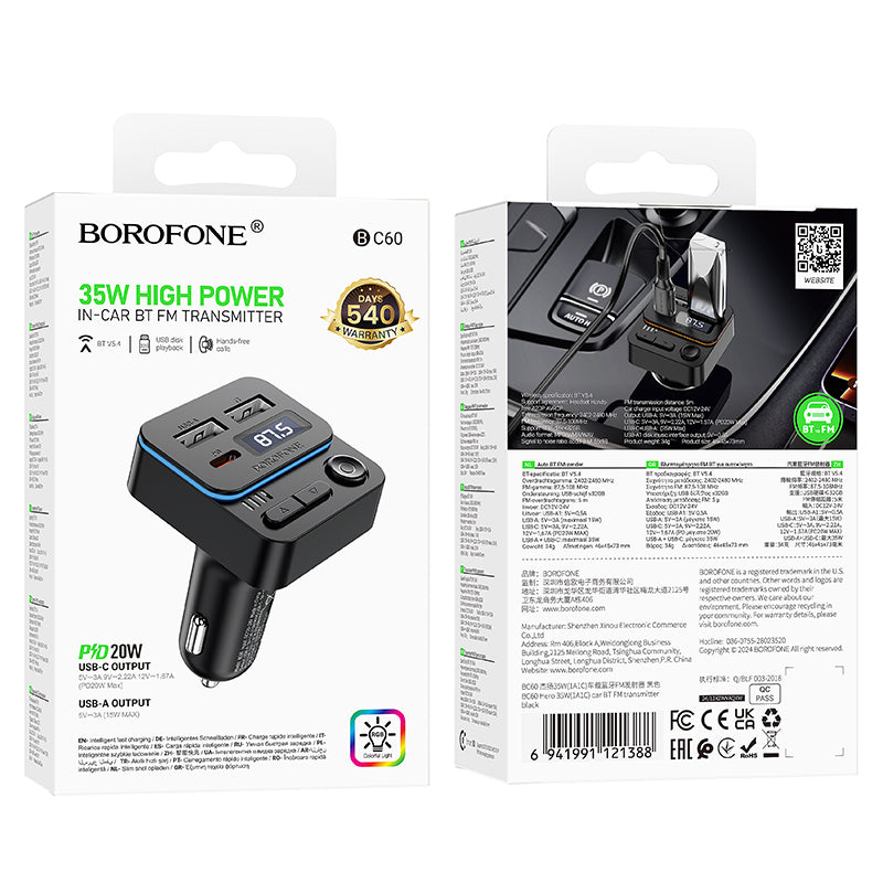 FM Bluetooth -modulaattori Borofone BC60 Hero, 2 x USB-A - 1 x USB-C