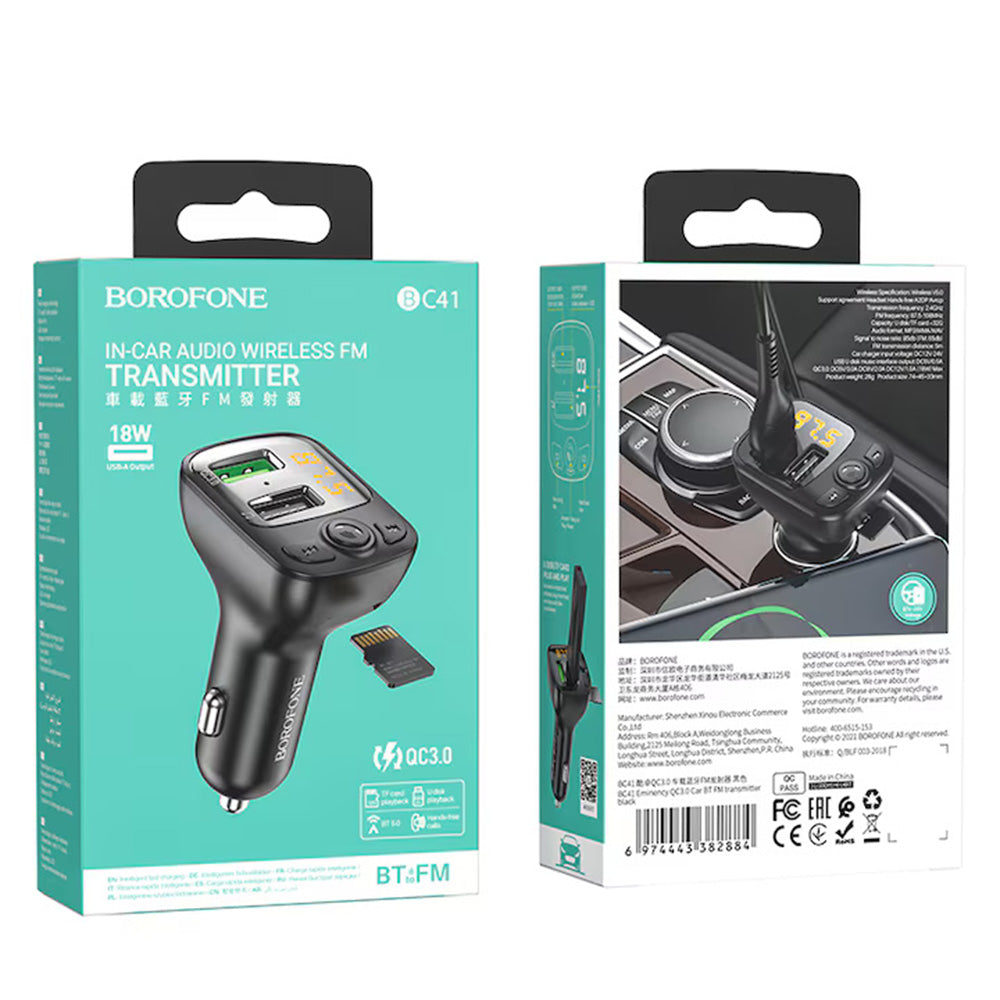 Borofone BC41 Eminency Bluetooth FM Modulator, 2 x USB-A - 1 x microSD