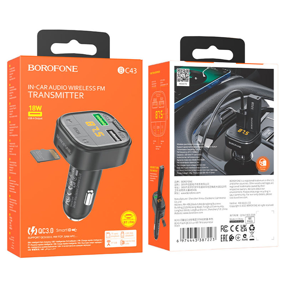 FM Bluetooth -modulaattori Borofone BC43 Flash, 2 x USB-A - 1 x microSD